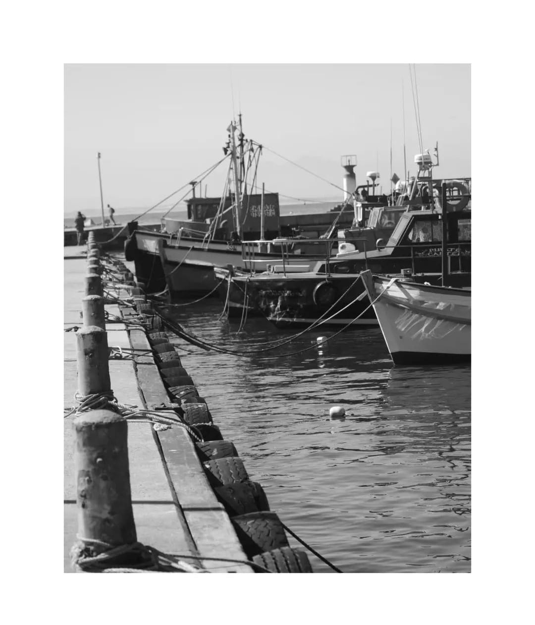 Black and white fishing boats tied in a harbour