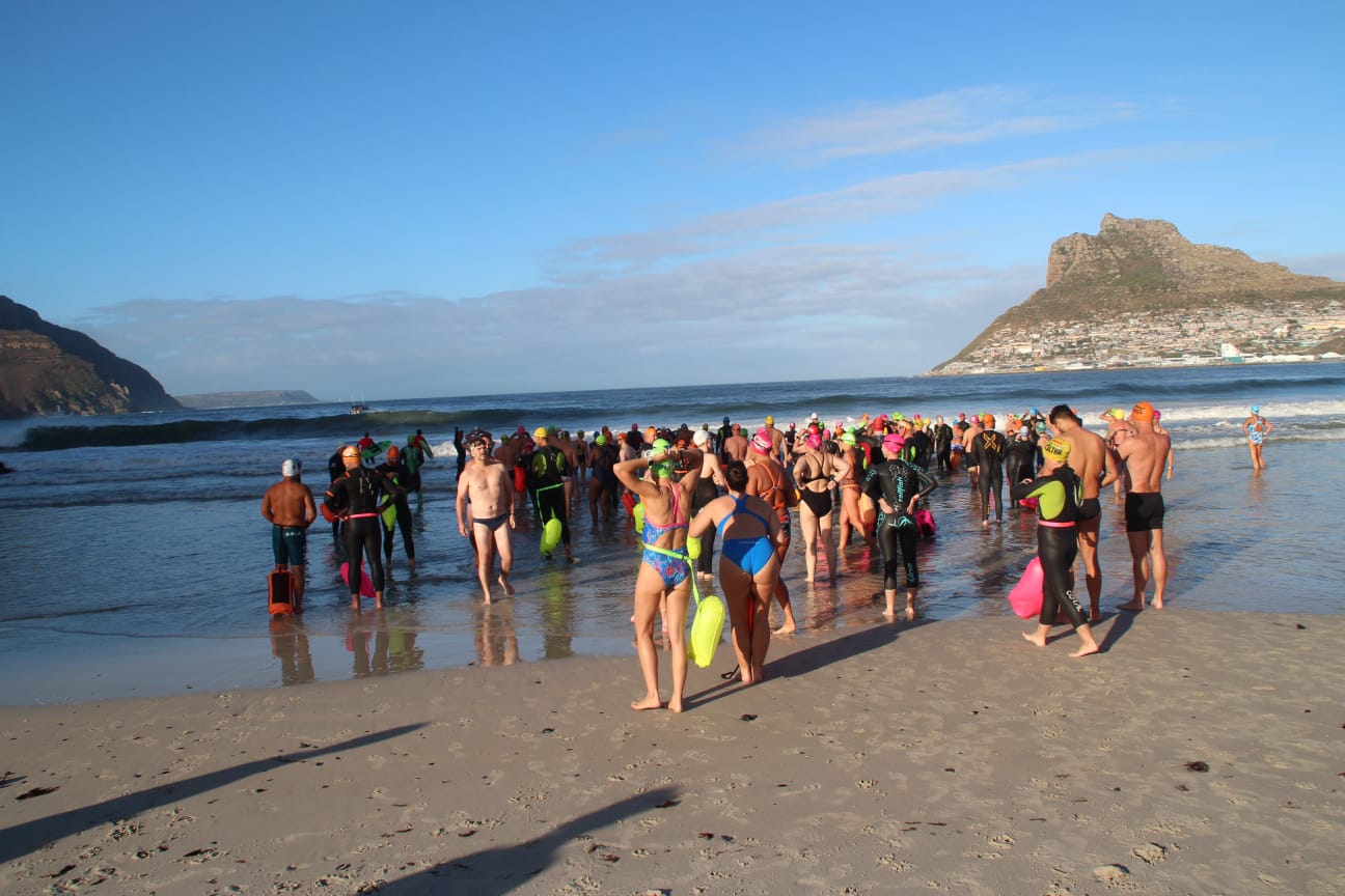 Swimmers on the sand before an ocean swim